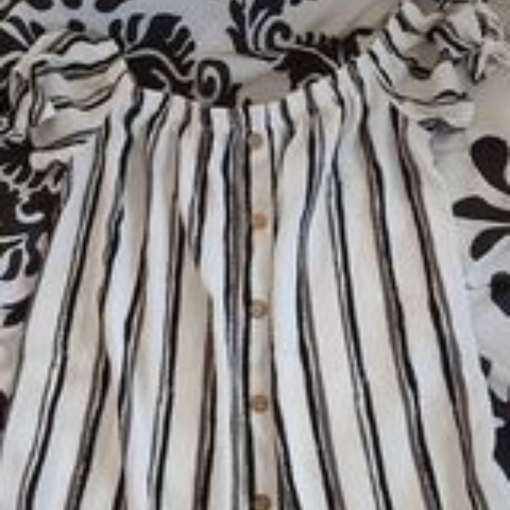 White and Black striped, light, flowy, tied sleeves, wooden buttons